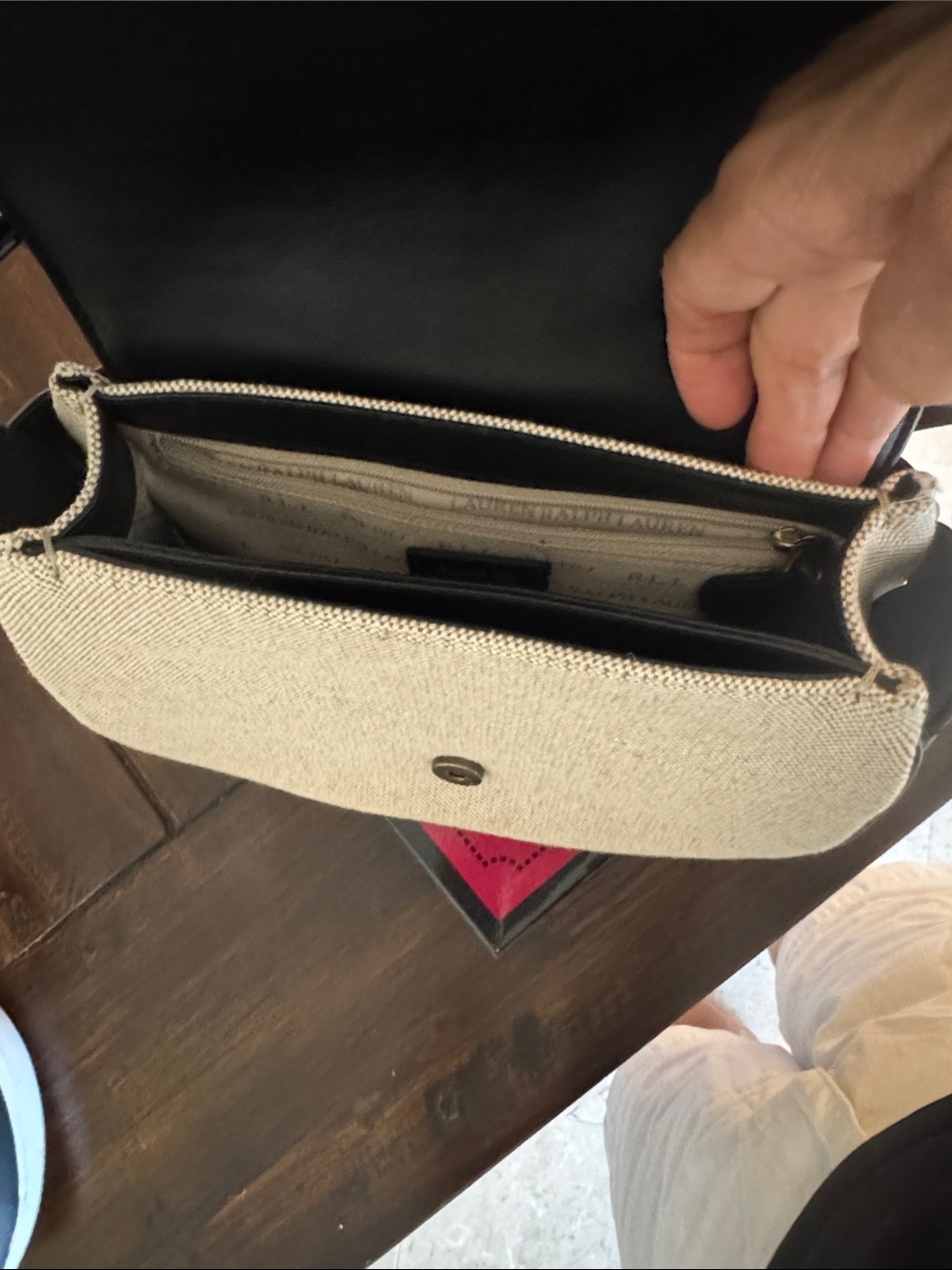 Ralph Lauren Beige Canvas and Black Leather Crossbody with Gold Rings - Picture 5 of 5